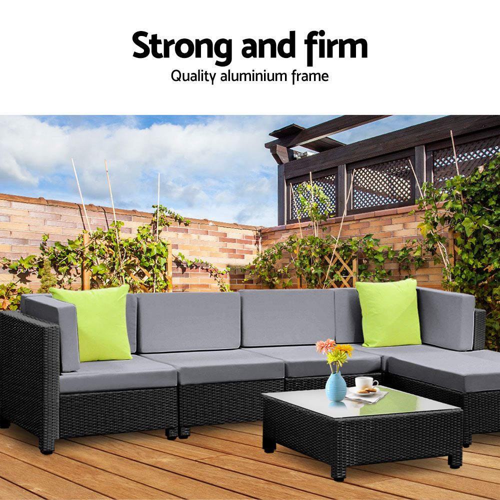 Gardeon 6pcs Outdoor Sofa Lounge Setting Couch Wicker Table Chairs Patio Furniture Black