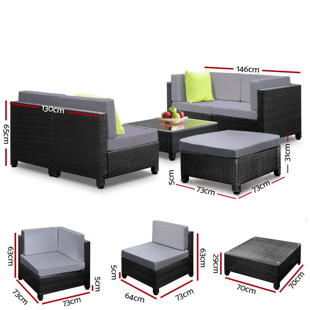 Gardeon 6pcs Outdoor Sofa Lounge Setting Couch Wicker Table Chairs Patio Furniture Black