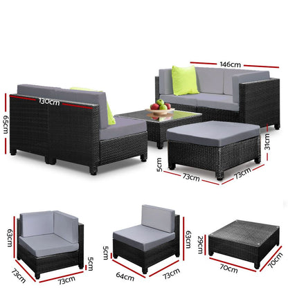 Gardeon 6pcs Outdoor Sofa Lounge Setting Couch Wicker Table Chairs Patio Furniture Black