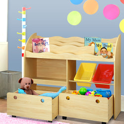 Kids Bookcase Childrens Bookshelf Toy Storage Box Organizer Display Rack Drawers with Rollers