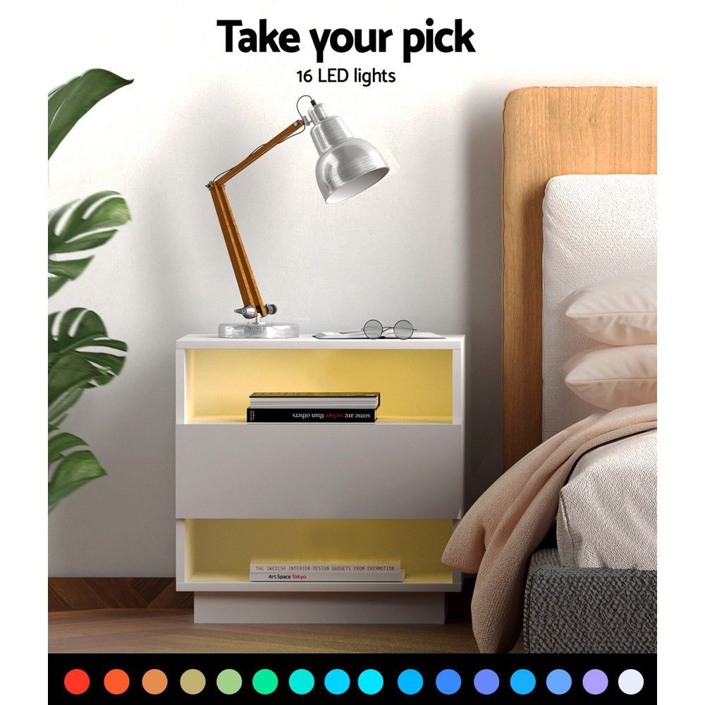 Bedside Tables Side Table Rgb Led Drawers Nightstand High Gloss White