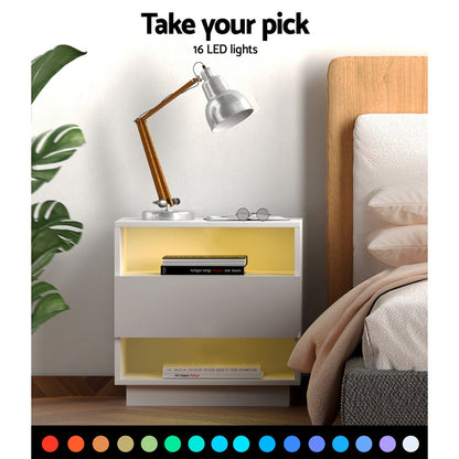 Bedside Tables Side Table Rgb Led Drawers Nightstand High Gloss White