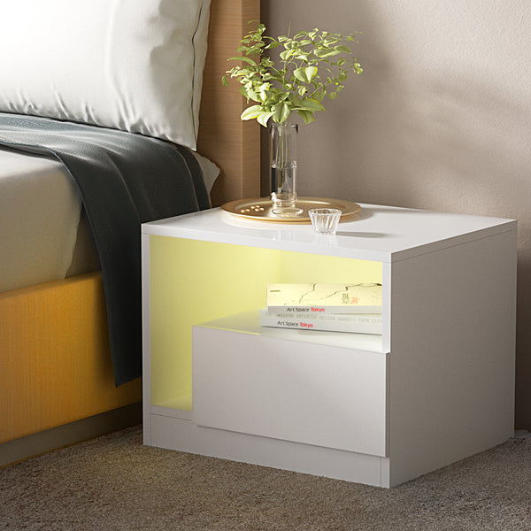  Bedside Tables Side Table Rgb Led Drawers High Gloss Nightstand White