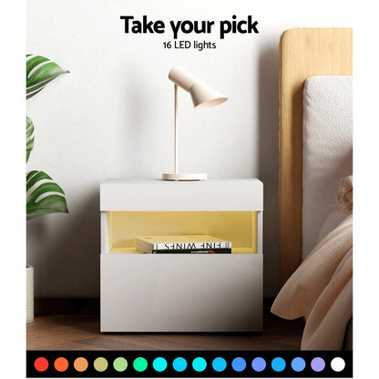 Bedside Tables Drawers Side Table Rgb Led High Gloss Nightstand White