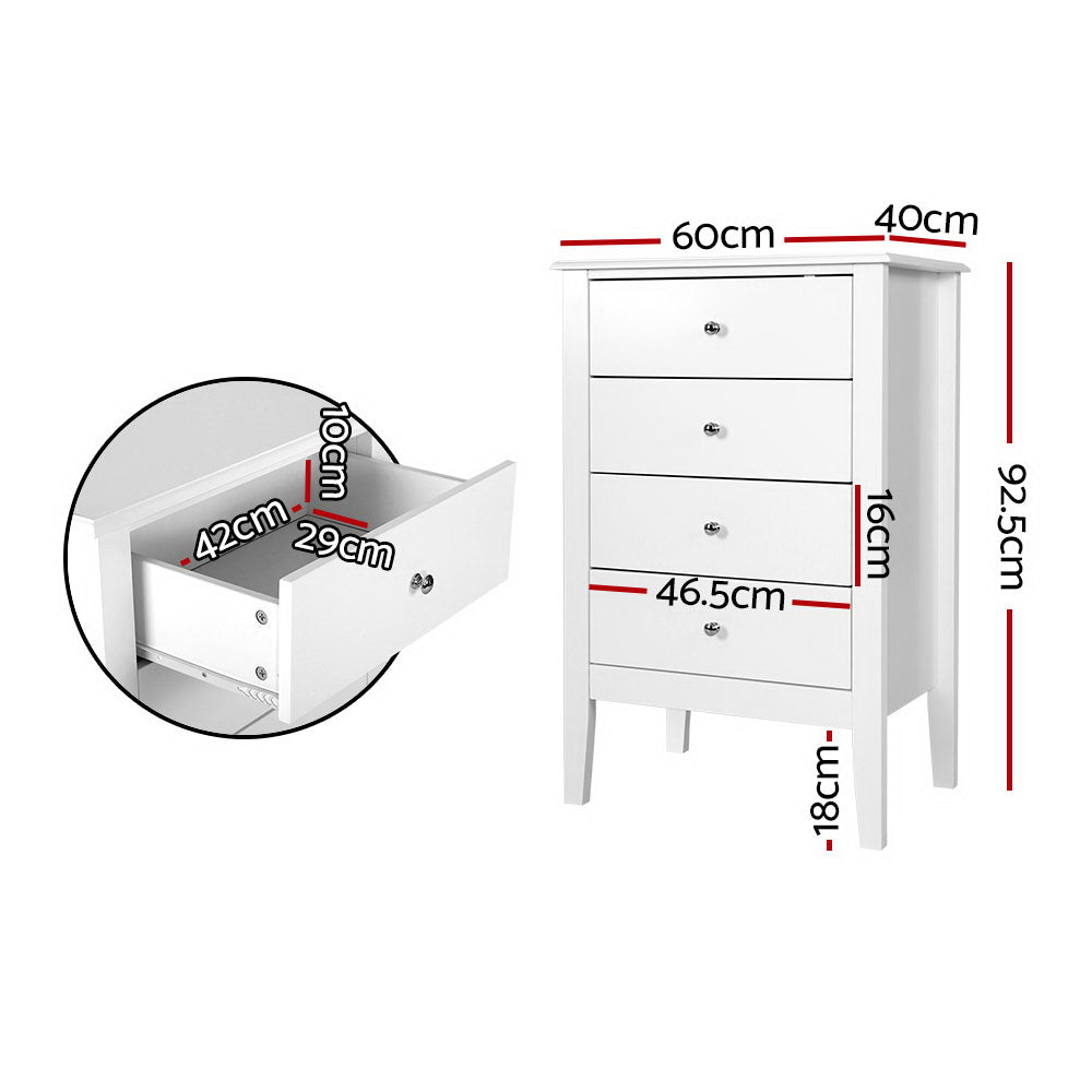 4 Chest of Drawers Tallboy Storage Cabinet Bedside Table Dresser White