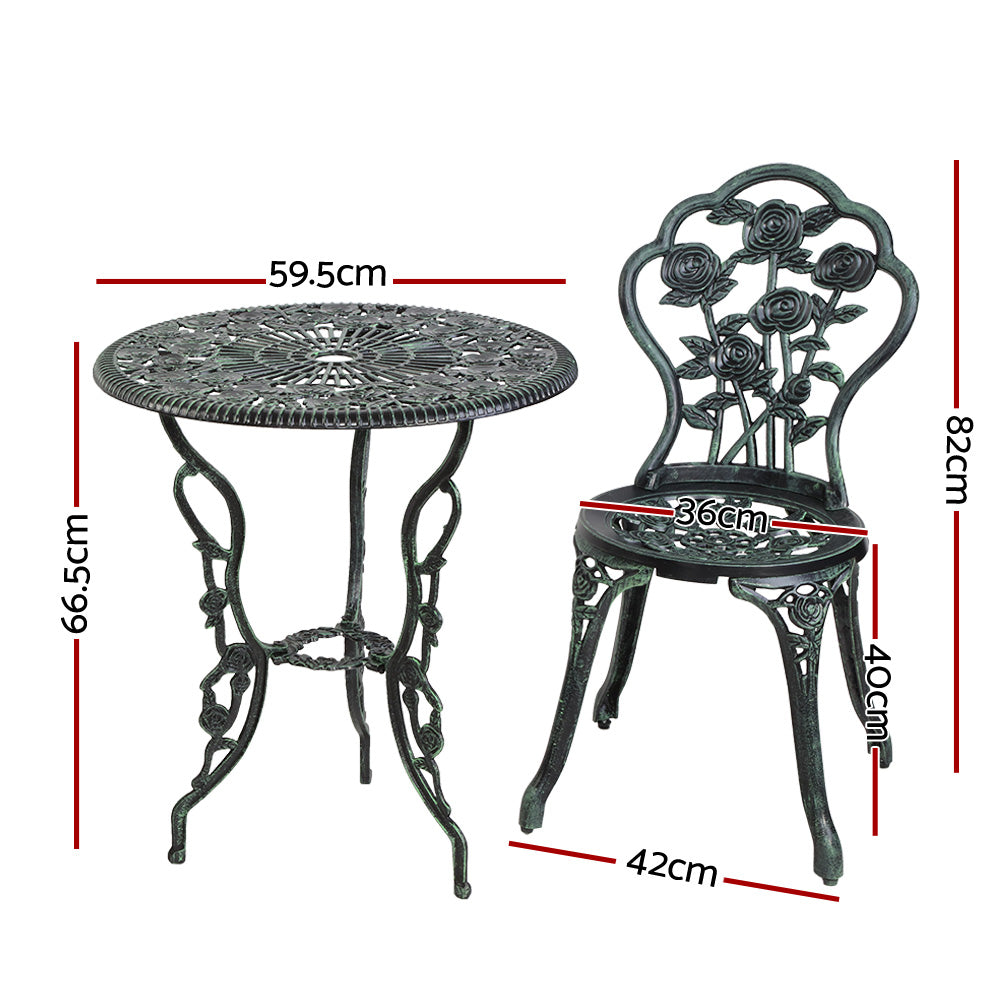 Outdoor Furniture Chairs Table 3pc Aluminium Bistro Green