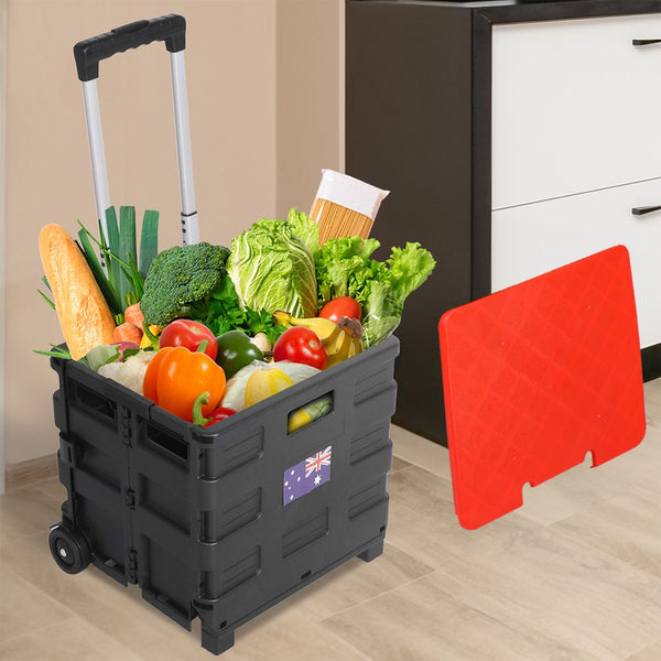  Foldable Shopping Cart Trolley Pack & Roll Folding Grocery Basket Crate Portable Black & Red