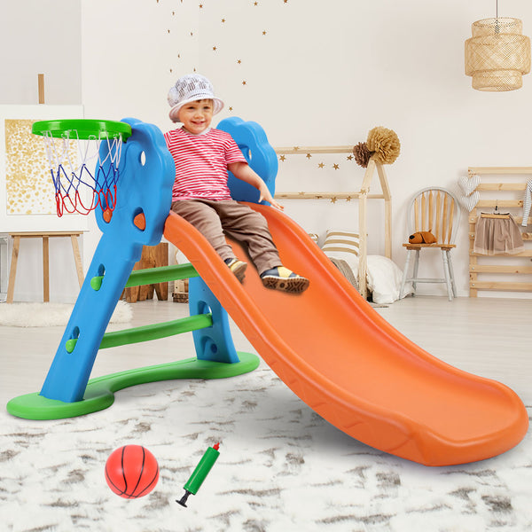  Kids Slide with Basketball Hoop with Ladder Base Outdoor Indoor Playground Toddler Play