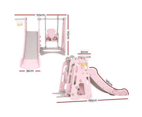 Kids Slide Swing Outdoor Playground Basketball Hoop Playset Indoor Pink