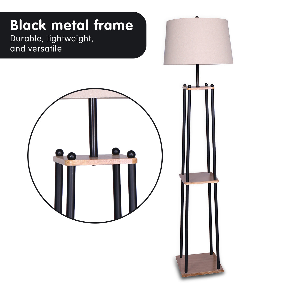 Metal Etagere Floor Lamp with Wood shelf & Cream Linen Fabric Shade