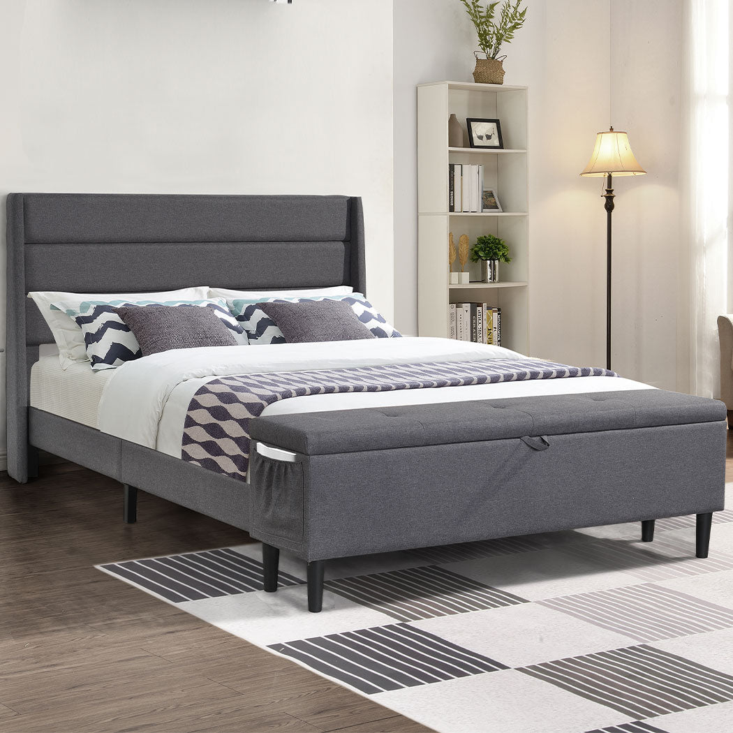 Bed Frame Fabric Queen Size Mattress Base Wooden Platform Storage Ottoman