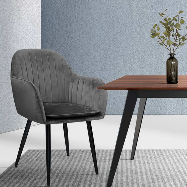  Dining Chairs Retro Chair Metal Legs Replica Armchair Velvet Grey x2