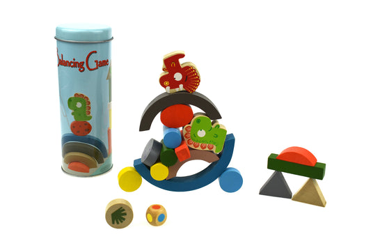 Wooden  Dinosaur Balancing Blocks in Metal Cylinder
