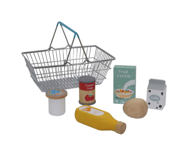  WOODEN GROCERY WITH METAL SHOPPING BASKET