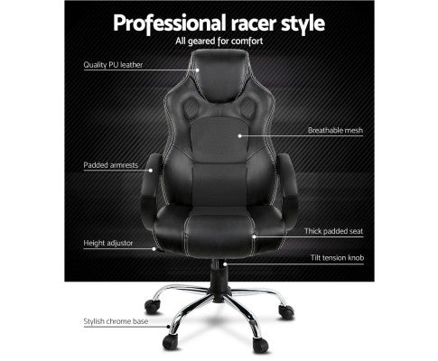 Racing Style PU Leather Office Desk Chair - Black