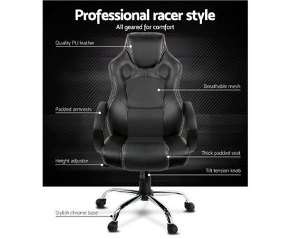 Racing Style PU Leather Office Desk Chair - Black