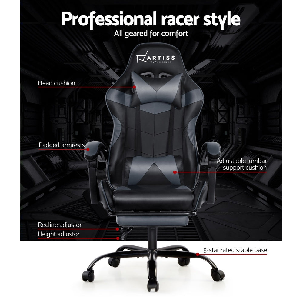 Artiss Office Chair Gaming Chair Computer Chairs Recliner PU Leather Seat Armrest Footrest Black Grey