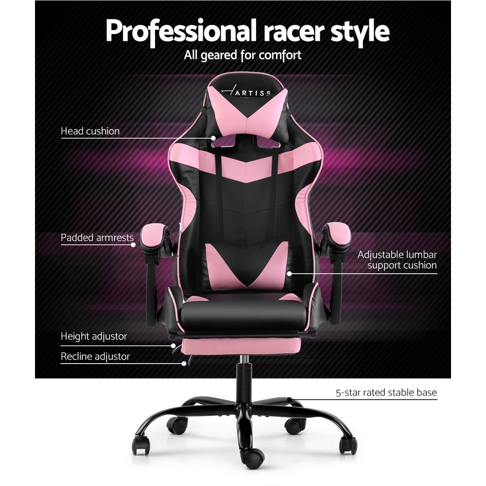 Artiss Office Chair Gaming Chair Computer Chairs Recliner PU Leather Seat Armrest Footrest Black Pink