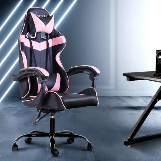 Artiss Office Chair Gaming Chair Computer Chairs Recliner PU Leather Seat Armrest Footrest Black Pink