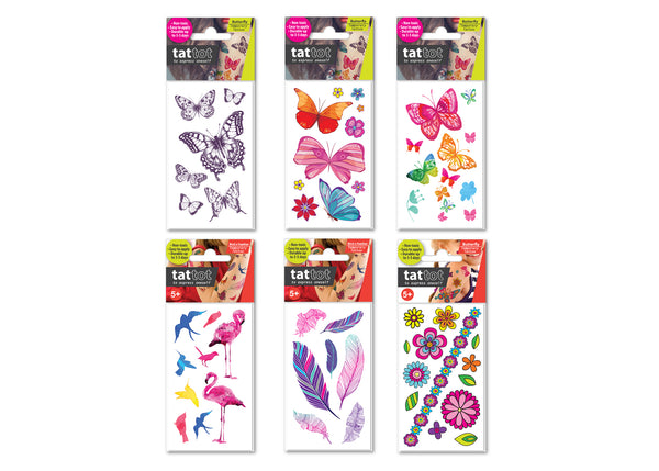  PRICE FOR 6 ASSORTED TEMPORARY TATTOO BUTTERFLY & FLOWER