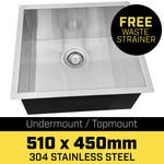 304 Stainless Steel Undermount Topmount Kitchen Laundry Sink - 510 x 450mm