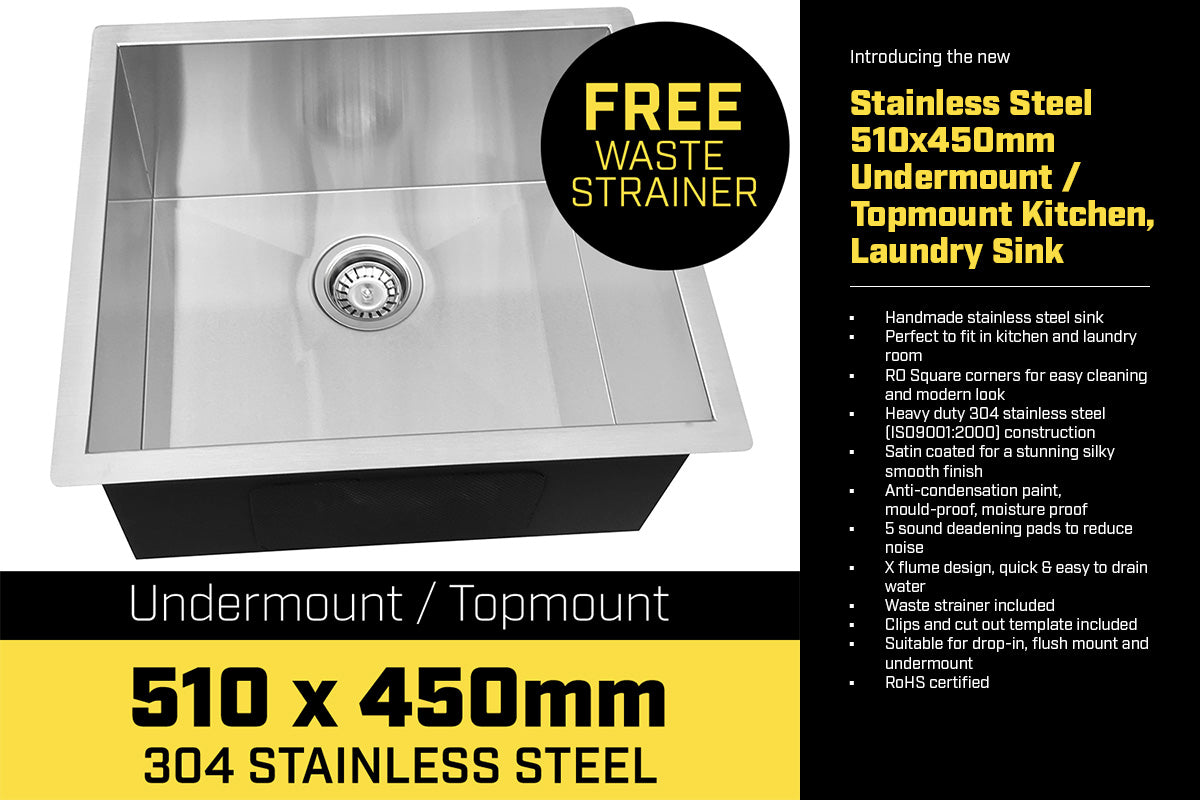304 Stainless Steel Undermount Topmount Kitchen Laundry Sink - 510 x 450mm