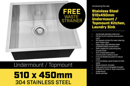 304 Stainless Steel Undermount Topmount Kitchen Laundry Sink - 510 x 450mm