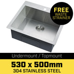 304 Stainless Steel Undermount Topmount Kitchen Laundry Sink - 530 x 500mm