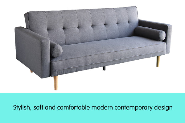  3 Seater Linen Sofa Bed Couch with Pillows - Dark Grey