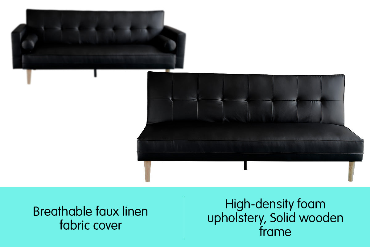Madison 3 Seater Faux Leather Sofa Bed Couch with Pillows - Black