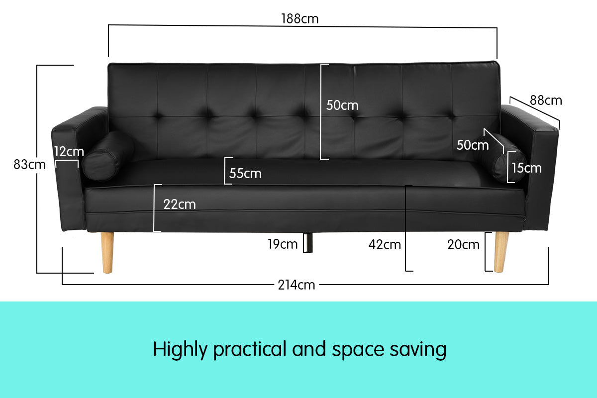 Madison 3 Seater Faux Leather Sofa Bed Couch with Pillows - Black