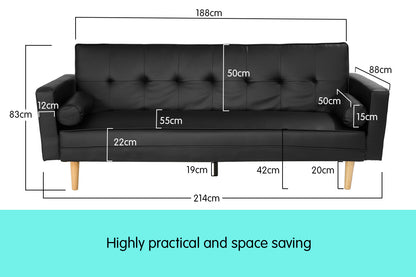 Madison 3 Seater Faux Leather Sofa Bed Couch with Pillows - Black