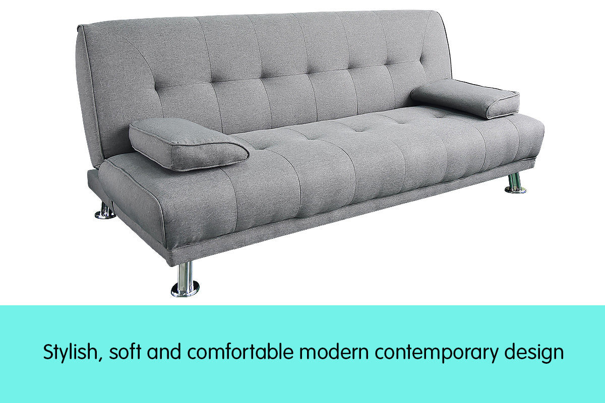 Manhattan 3 Seater Linen Sofa Bed Couch Lounge Futon - Light Grey