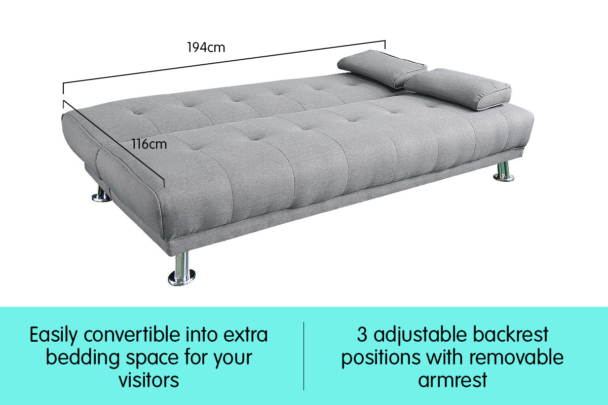 Manhattan 3 Seater Linen Sofa Bed Couch Lounge Futon - Light Grey