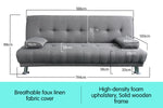 Manhattan 3 Seater Linen Sofa Bed Couch Lounge Futon - Light Grey