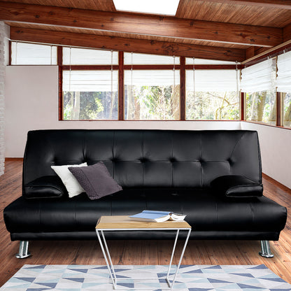 Manhattan 3 Seater Faux Leather Sofa Bed Couch Lounge Futon - Black