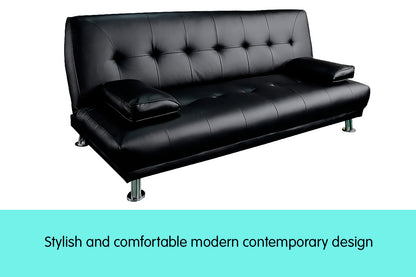 Manhattan 3 Seater Faux Leather Sofa Bed Couch Lounge Futon - Black