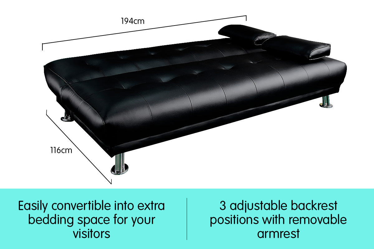 Manhattan 3 Seater Faux Leather Sofa Bed Couch Lounge Futon - Black