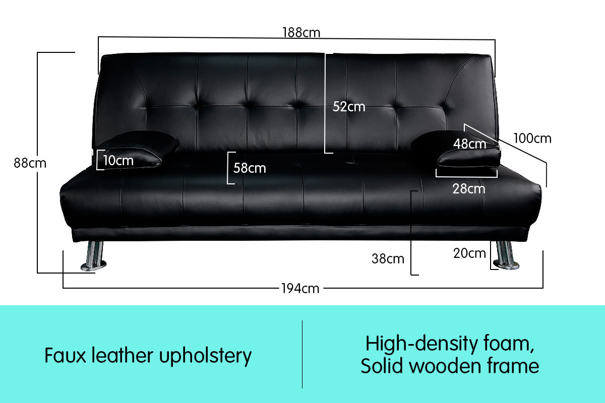 Manhattan 3 Seater Faux Leather Sofa Bed Couch Lounge Futon - Black