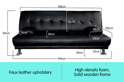 Manhattan 3 Seater Faux Leather Sofa Bed Couch Lounge Futon - Black