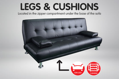 Manhattan 3 Seater Faux Leather Sofa Bed Couch Lounge Futon - Black