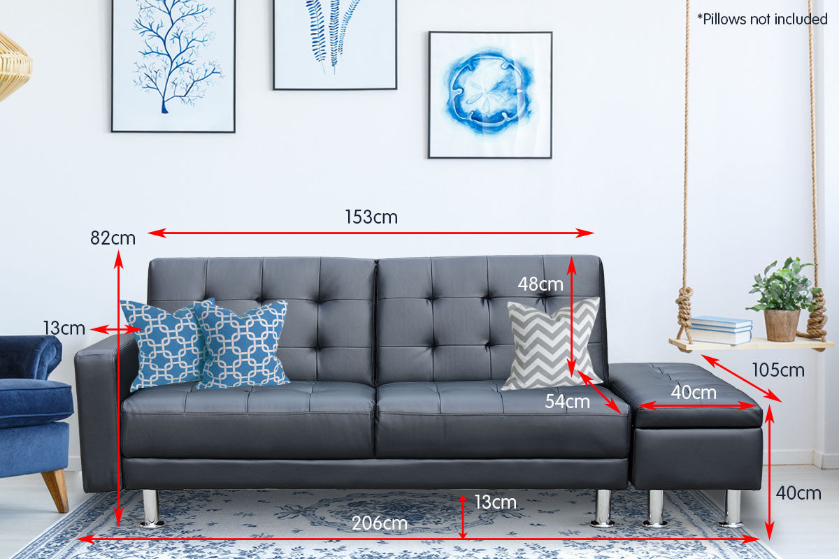 3 Seater Faux Leather Sofa Bed Couch with Ottoman - Black