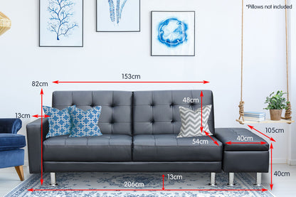 3 Seater Faux Leather Sofa Bed Couch with Ottoman - Black