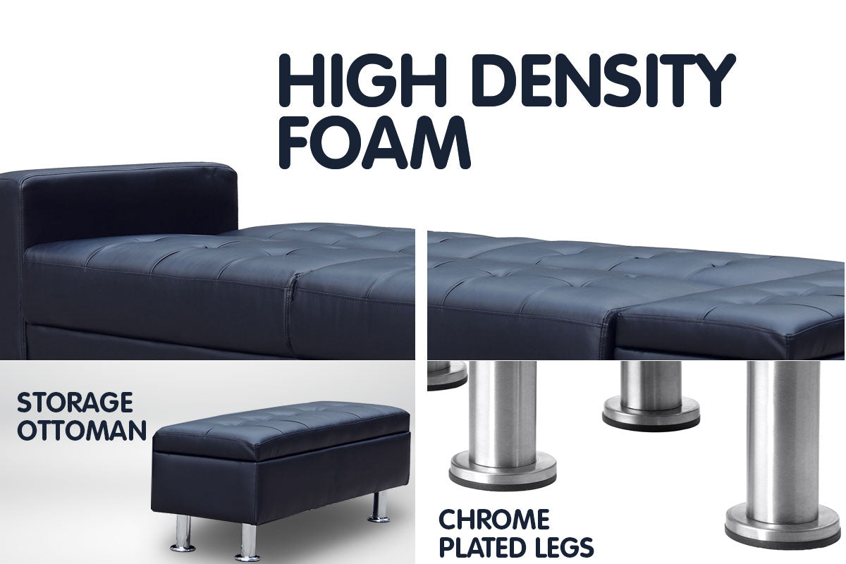 3 Seater Faux Leather Sofa Bed Couch with Ottoman - Black