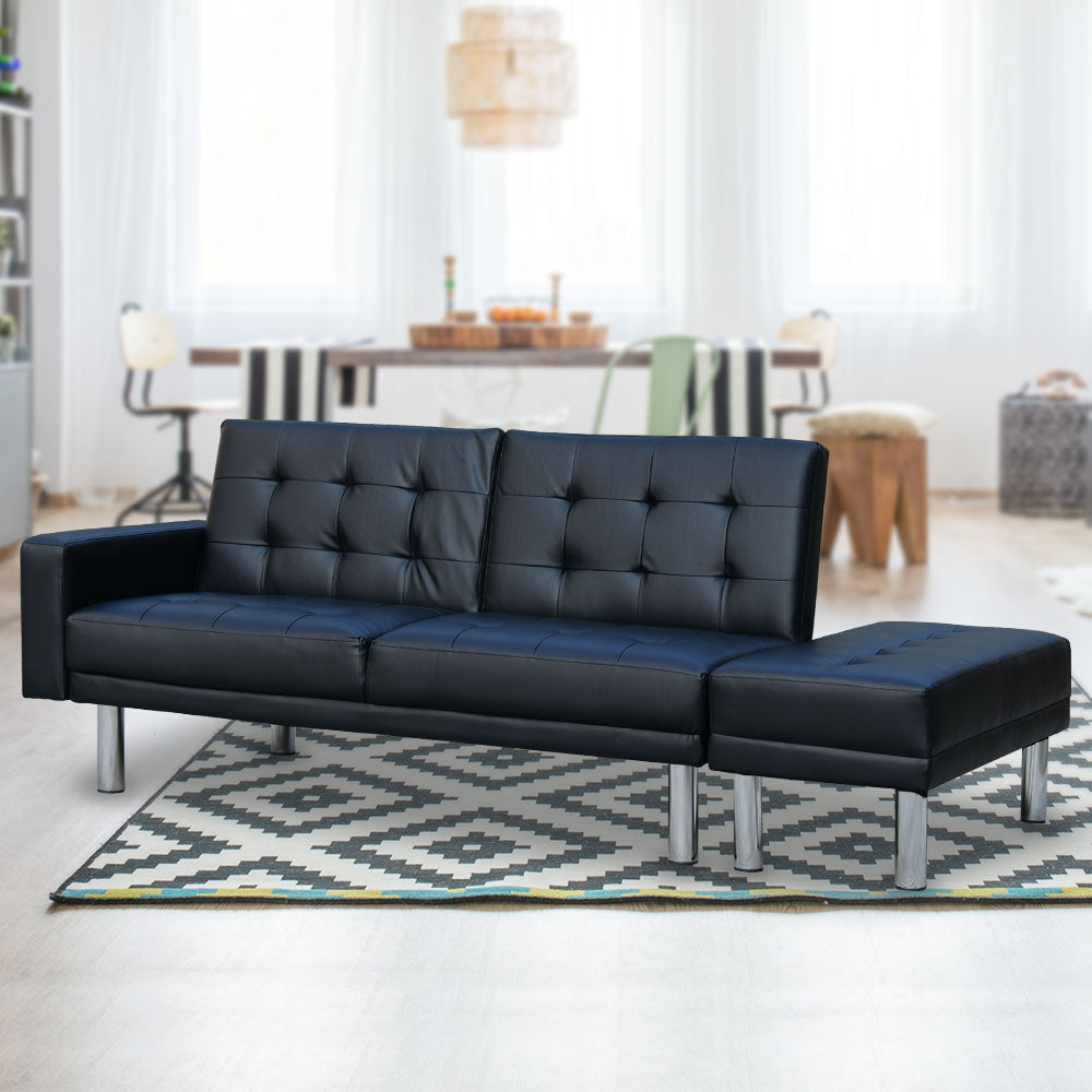 3 Seater Faux Leather Sofa Bed Couch Futon Suite with Ottoman - Black