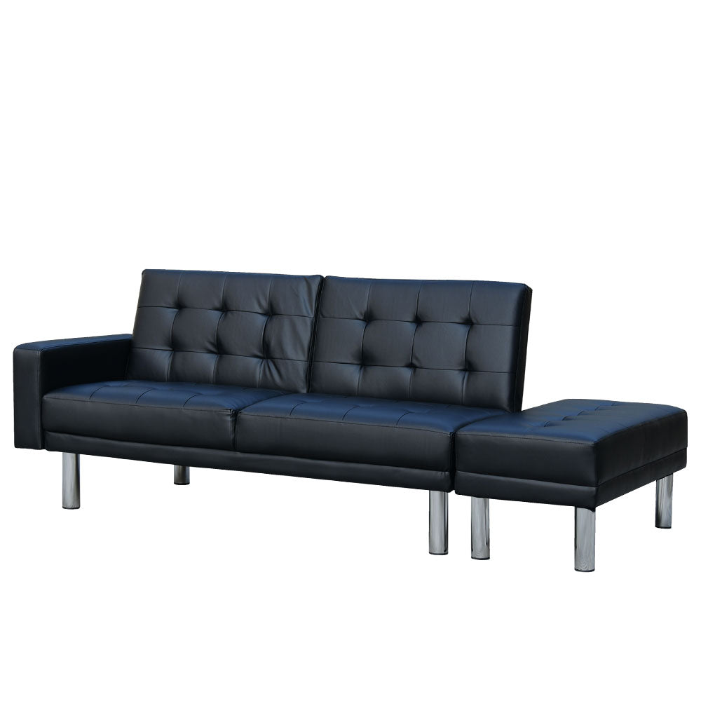 3 Seater Faux Leather Sofa Bed Couch Futon Suite with Ottoman - Black