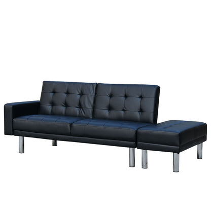 3 Seater Faux Leather Sofa Bed Couch Futon Suite with Ottoman - Black