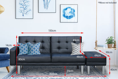 3 Seater Faux Leather Sofa Bed Couch Futon Suite with Ottoman - Black