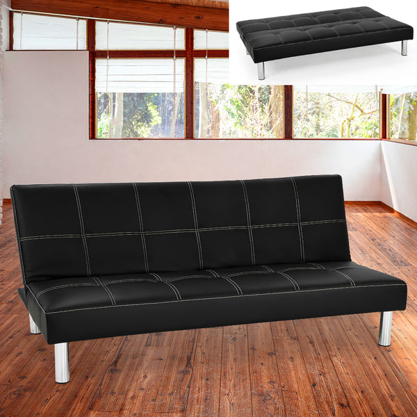  3 Seater Leather Sofa Bed Couch - Black