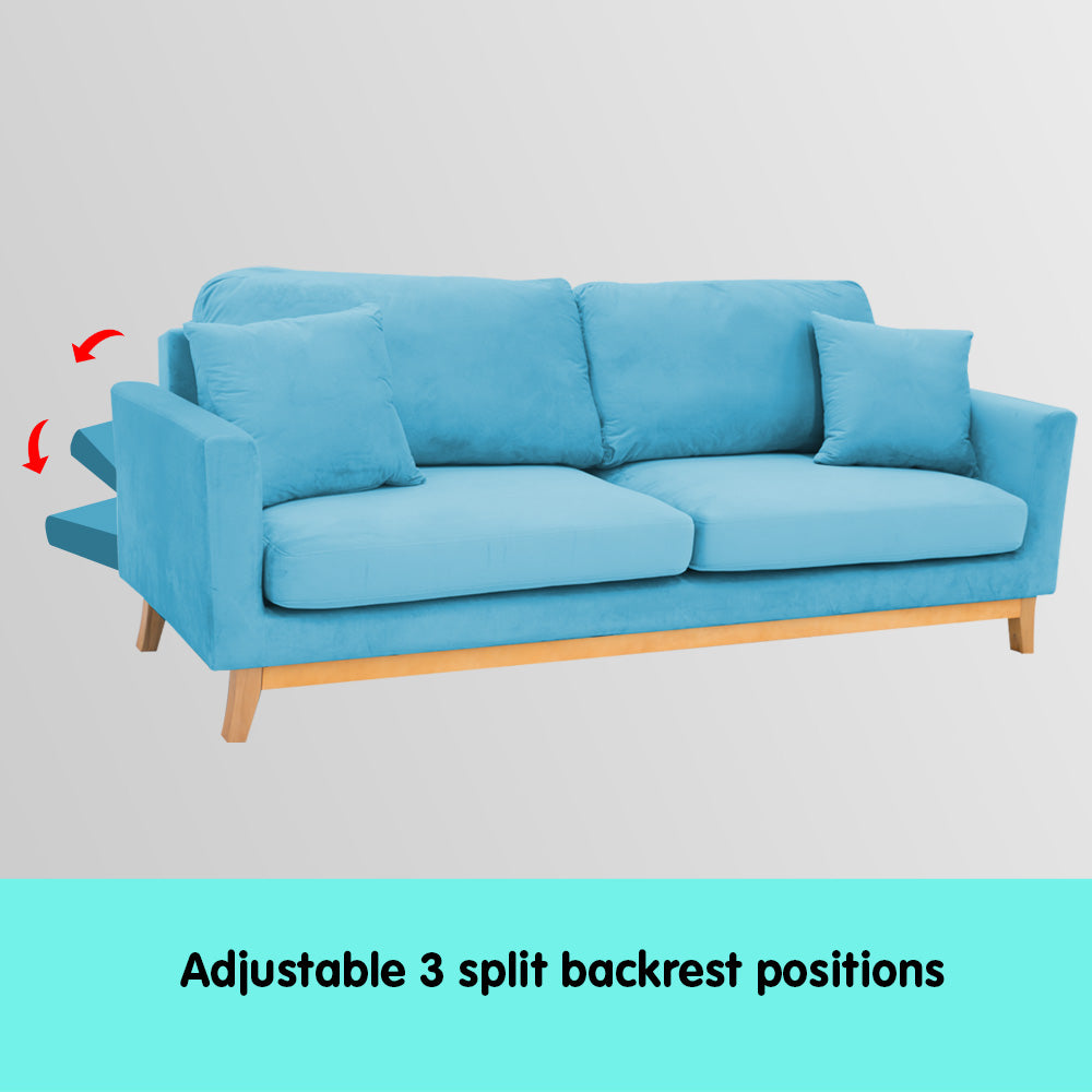 Sarantino 3 Seater Faux Velvet Sofa Bed Couch Furniture - Blue
